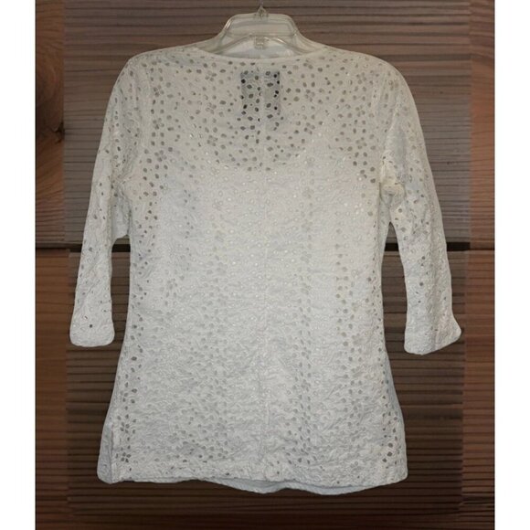 Talbots Women’s Cotton White Eyelet 3/4 Sleeve Lined V Neck Pullover Tunic Sz 8 - Picture 4 of 8